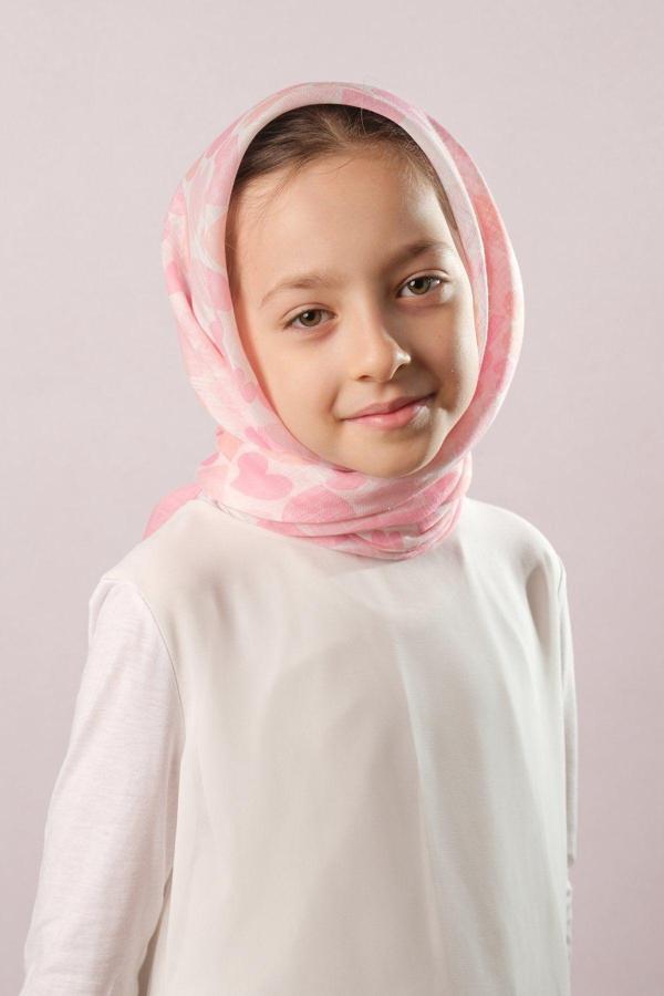 Giverny Pudra Dijital Baskılı Çocuk Tesettür Eşarp Pamuk Polyester Kalp Desenli 6003_06 - Image 1