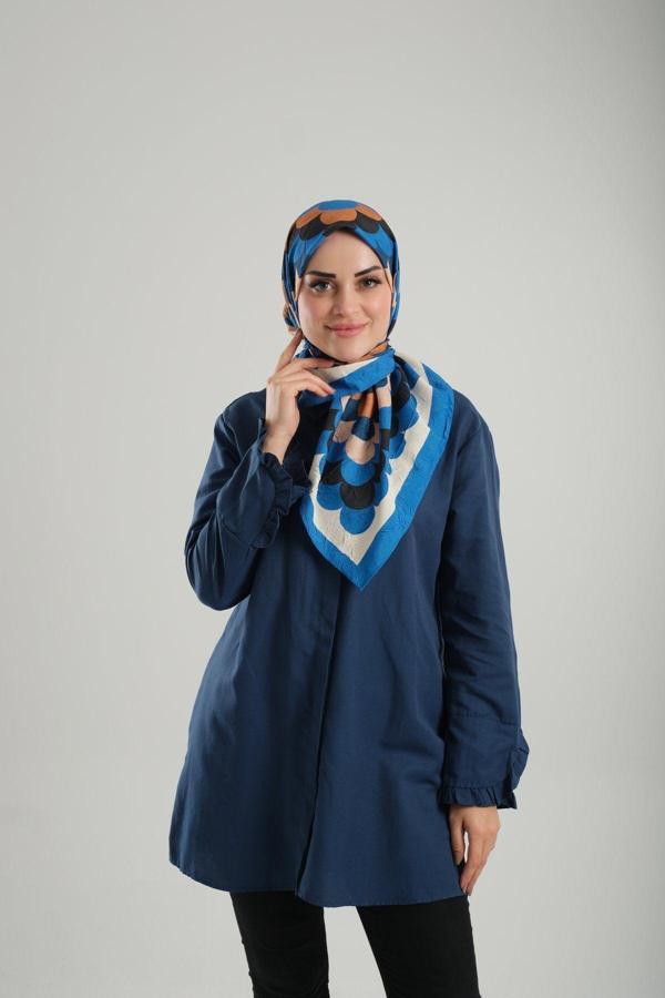 Giverny Saks Mavisi Desenli Eşarp Bambu Geometrik Dijital Baskılı 202205_24 - Image 1