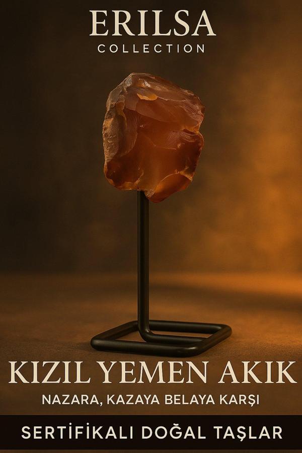 Sertifikalı Doğal Ham Kızıl Yemen Akiği Taşı Standlı Obje – Güç, Koruma ve Yaşam Enerjisi - Image 1