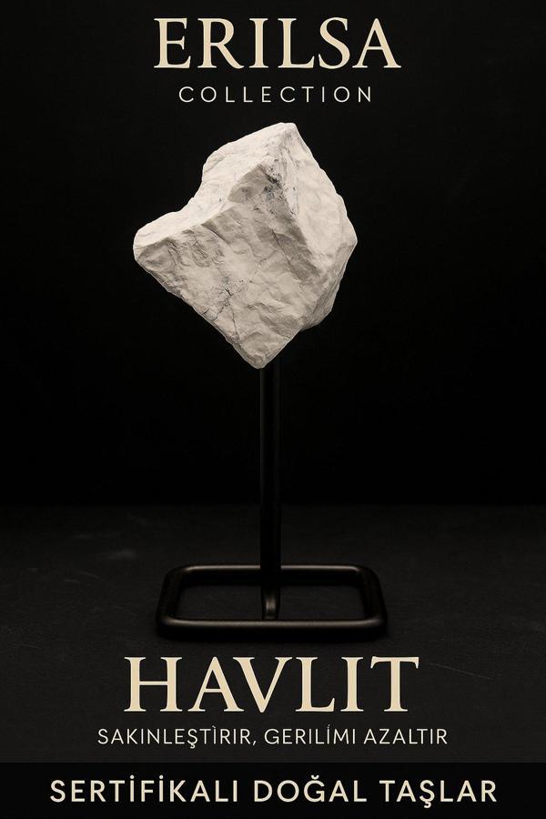 Sertifikalı Doğal Ham Havlit Taşı Standlı Obje – Stresi Azaltır ve Zihinsel Sakinlik Sağlar - Image 1
