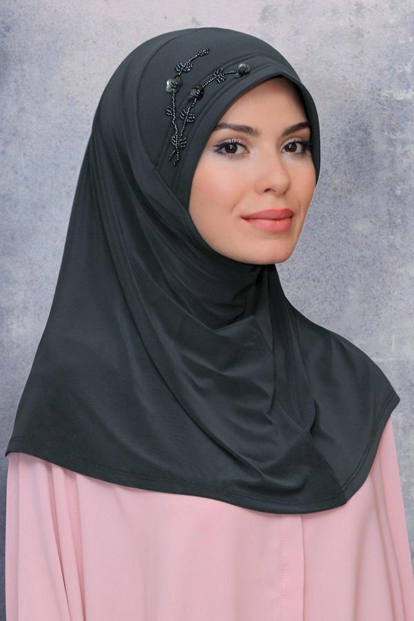 Hürrem Bone Antrasit Pratik Hazır Geçmeli Tesettür Eşarp Sandy Kumaş Elişi Çiçek Işlemeli Pullu 1604_25 - Image 1