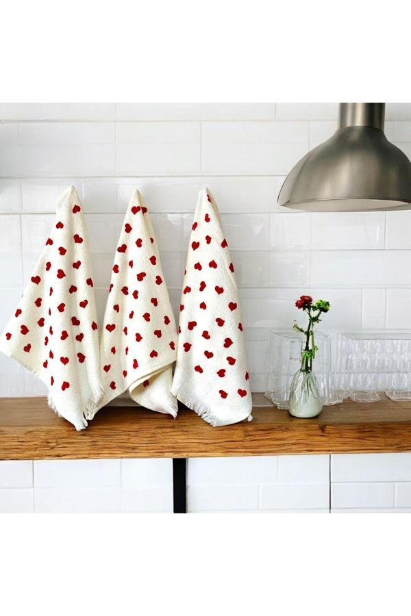 Denia Home Textile %100 Pamuk 3'Lü Mutfak Havlusu  40 X 60 Cm- Mutfak Bezi |Kurulama Havlusu Kalp - Image 1