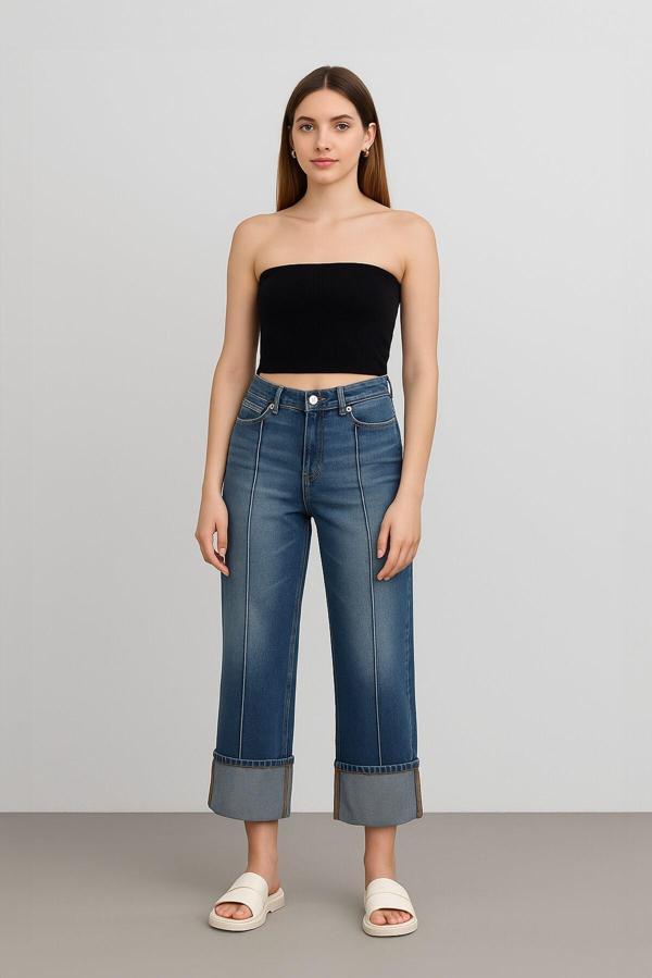 Kadın Yüksek Bel Paçası Katlı Relaxed Fit Mavi Jean Pantolon - Image 1