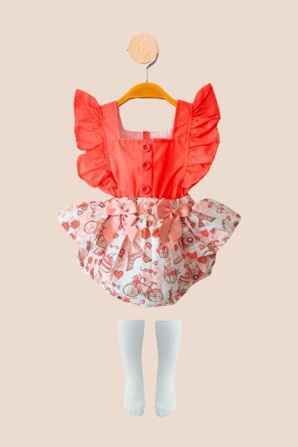 Minytrendy Kız Bebek Çocuk Romper Çorap Takım Konsept Bebek Elbise Yazlık Salopet Takım - Image 1