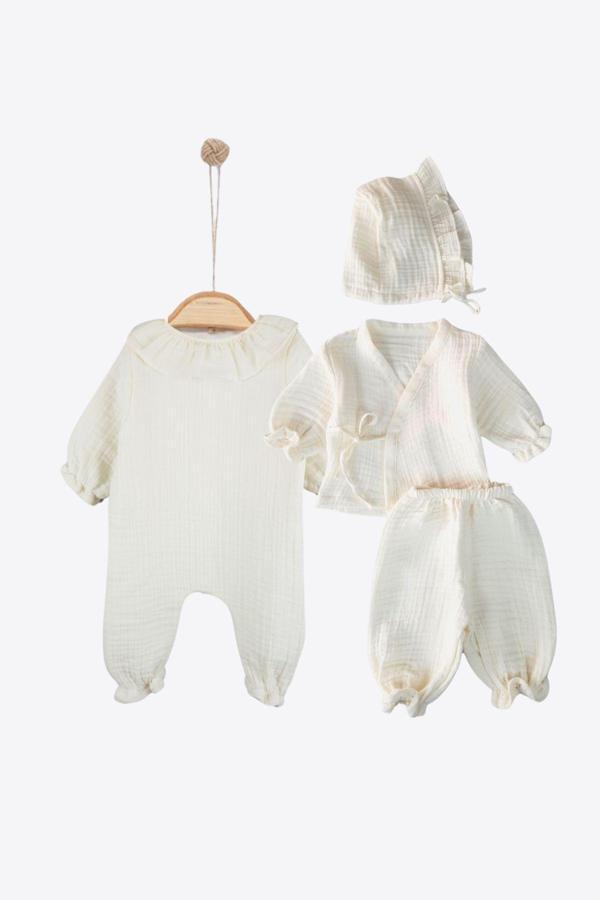 Minytrendy Kız Bebek 4 Parça Yenidoğan Müslin Set Tulum Ve Alt Üst Takım Hastane Çıkışı Hediyelik Set - Image 1