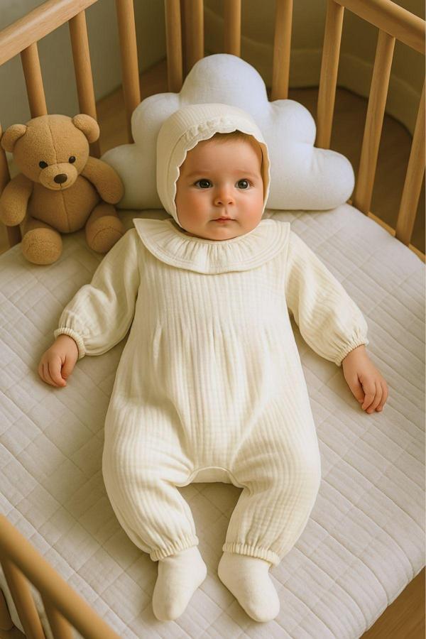Minytrendy Kız Bebek Yenidoğan Tulum Organik Müslin Fırfırlı Bebe Yaka Bebek Takım Hastane Çıkışı Hediyelik - Image 1