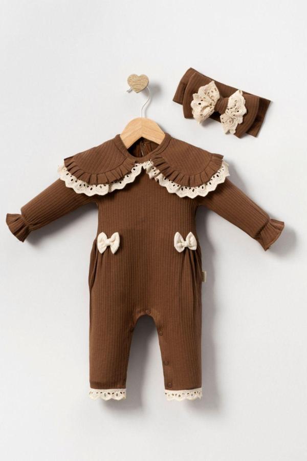Minytrendy Kız Bebek Yenidoğan Tulum Bebe Yaka Fisto Detaylı Bandanalı Takım Mevlüt Kıyafeti Hediyelik - Image 1