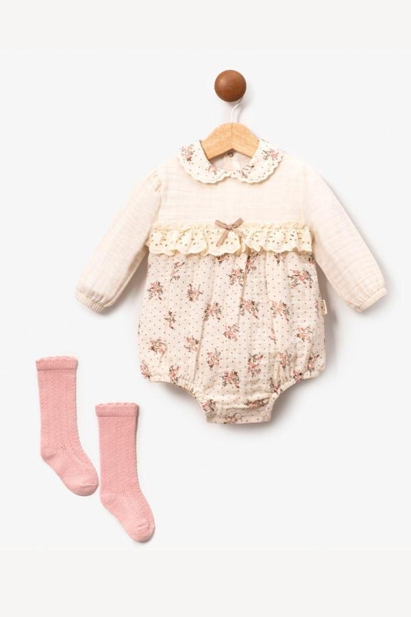 Minytrendy Kız Bebek Romper Çiçekli Müslin Yenidoğan Tulum Çoraplı Takım Hediyelik Bebek Bayramlık Elbise Takım - Image 1