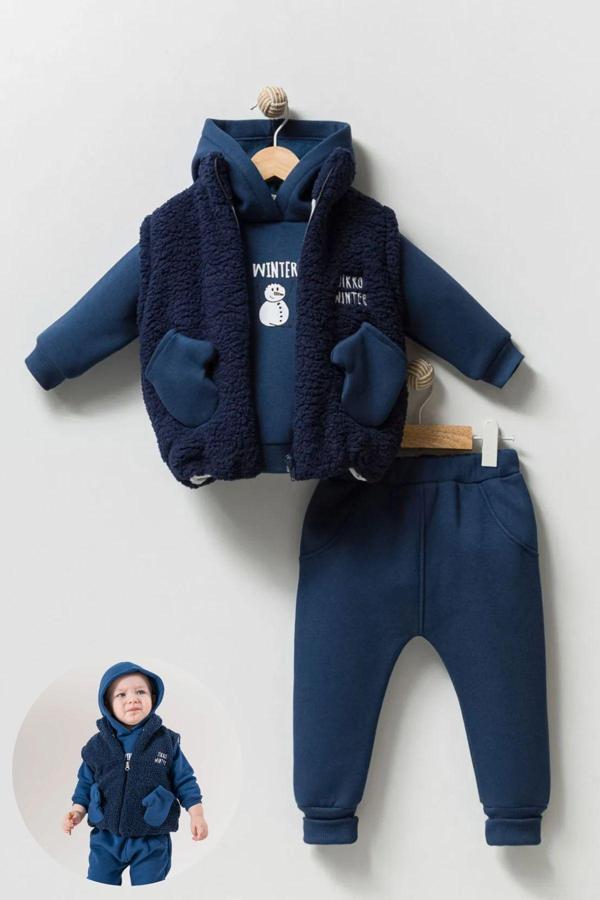 Minytrendy Erkek Bebek Welsoft Yelekli Polarlı 3 Parça Eşofman Takım Peluş Kışlık Çocuk Takım - Image 1