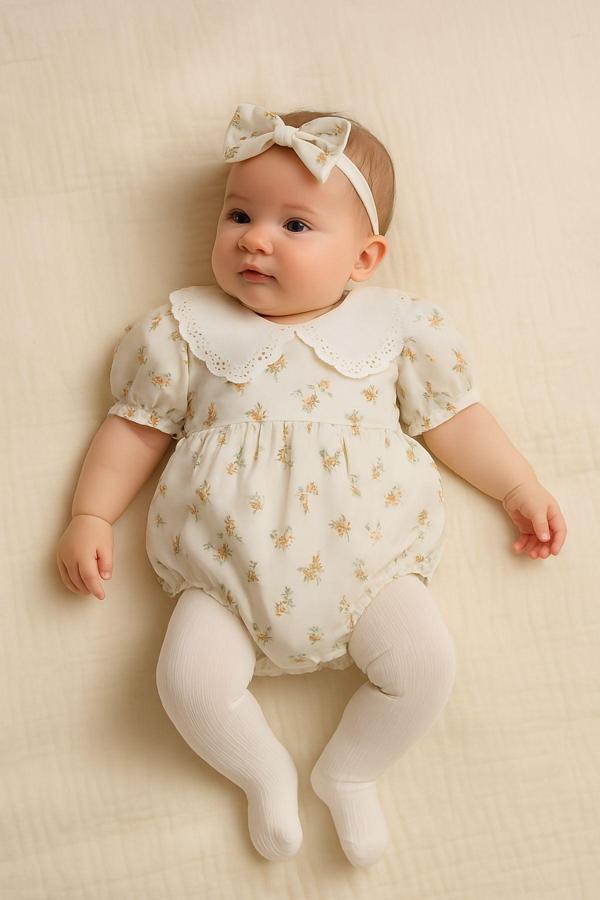 Minytrendy Kız Bebek 3 Parça Romper Bebe Yaka Çiçek Desenli Müslin Yenidoğan Tulum Takım Bayramlık Hediyelik - Image 1