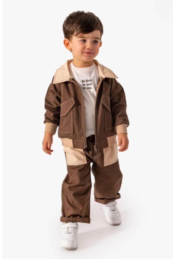 Minytrendy Erkek Bebek Çocuk Keten Cool Boy Badili Ceketli Spor Alt Üst Takım Bayramlık Takım 1-3 Yaş-Kahve - Image 1
