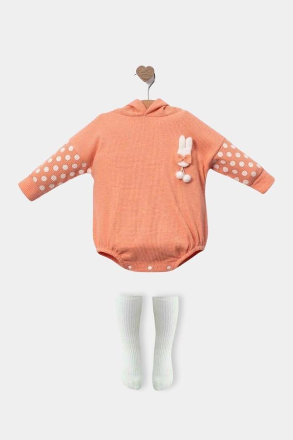 Minytrendy Kız Bebek Oversize Romper Kapüşonlu Tavşan Konsept Çoraplı Yenidoğan Tulum Set - Image 1