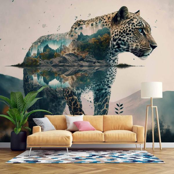 Leopar ve Dağ Manzaralı Duvar Kağıdı - Image 1