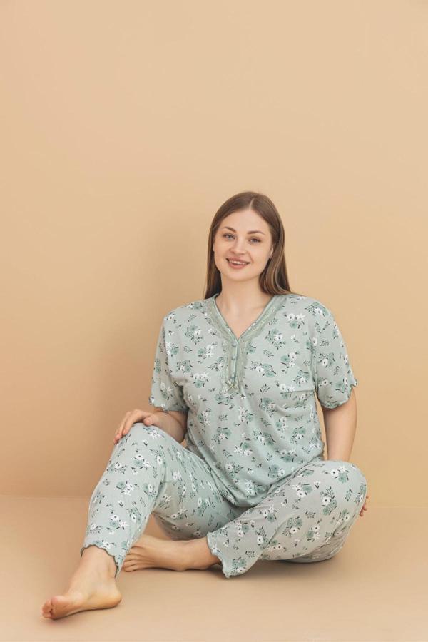 Pijamerry Kadın Büyük Beden Dantel Yaka Bambu Kısa Kol İnce Pijama Takımı 5930 - 1 Adet - Image 1