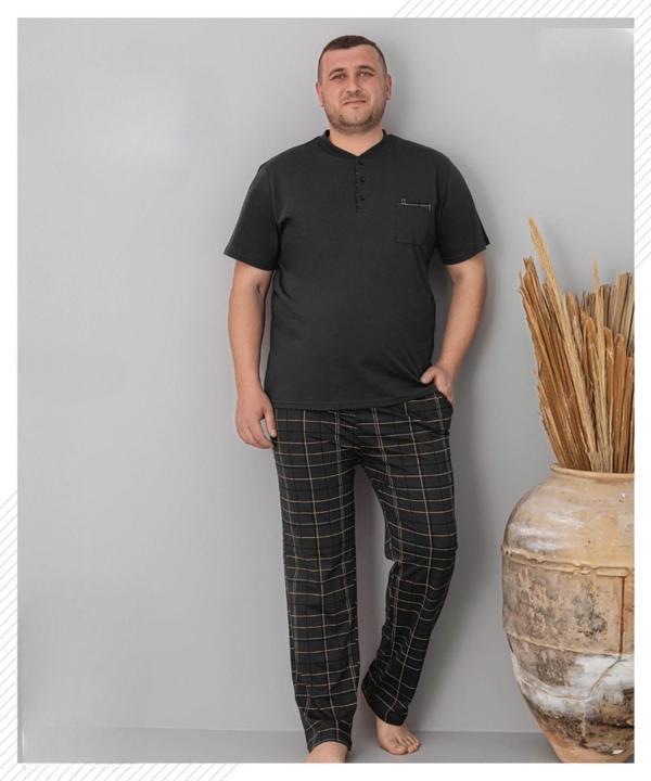 Pijamoni Erkek Battal Düğme Yaka Penye Kısa Kol  Pijama Takımı 6730/4 - 1 Adet - Image 1