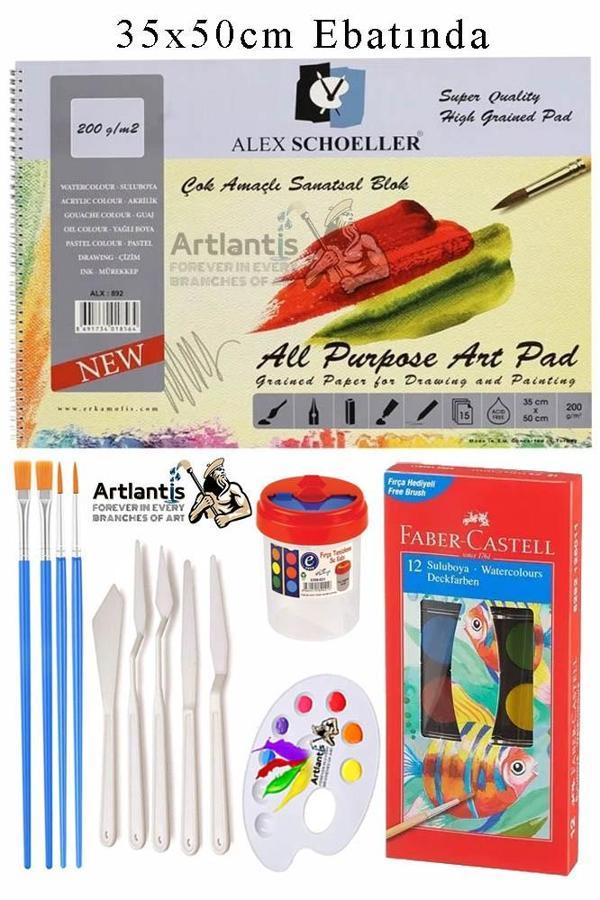 Alex Schoeller Çok Amaçlı Sanatsal Blok 35x50 200 gr 15 Yaprak Faber 12 Renk Sulu Boya Plastik Spatula Fırça - Image 1