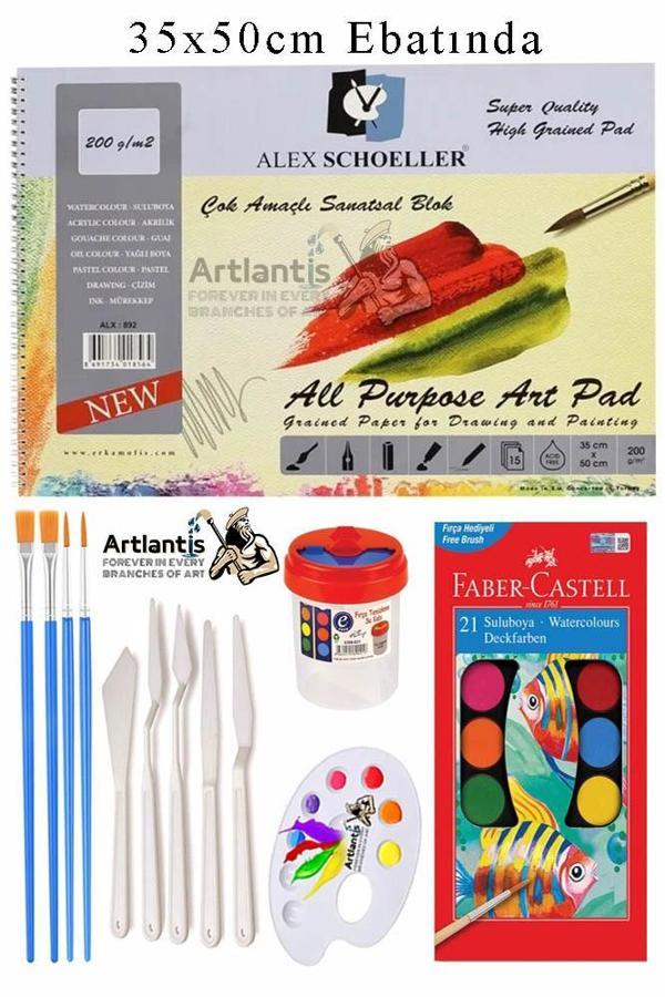 Alex Schoeller Çok Amaçlı Sanatsal Blok 35x50 200 gr 15 Yaprak Faber 21 Renk Sulu Boya Plastik Spatula Fırça - Image 1