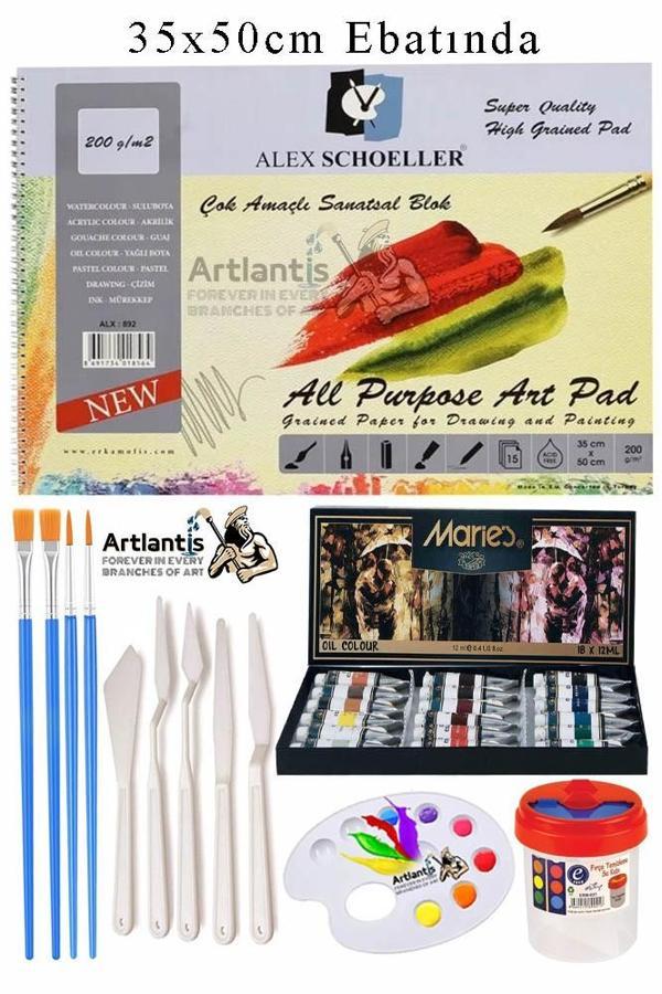 Alex Schoeller Çok Amaçlı Sanatsal Blok 35x50 200 gr 15 Yaprak Maries 12 Renk 12 ml Yağlı Boya Plastik Spatula Fırça - Image 1