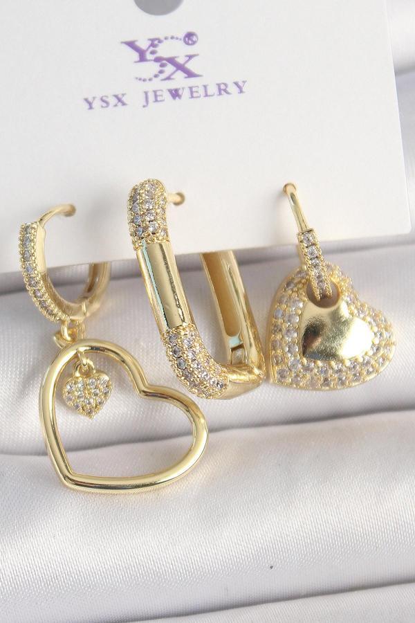 Pirinç Gold Renk Zirkon Taşlı Sallantı Kalp Model 3'Lü Kadın Kombin Küpe - Image 1