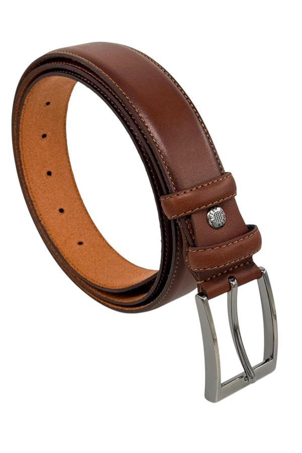 Açık Kahverengi Hakiki Deri Düz Renk Dikişli Model 3.5 cm. Genişlikli Klasik Kemer - 211-DKSL - Image 1