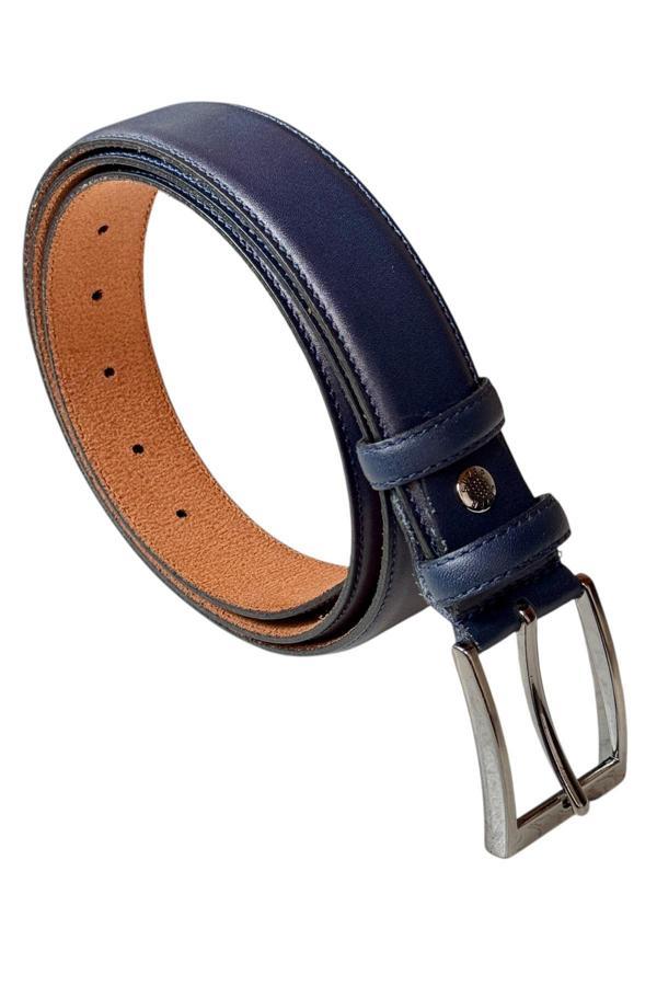 Lacivert Hakiki Deri Düz Renk Dikişli Model 3.5 cm. Genişlikli Klasik Kemer - 205-DKSL - Image 1