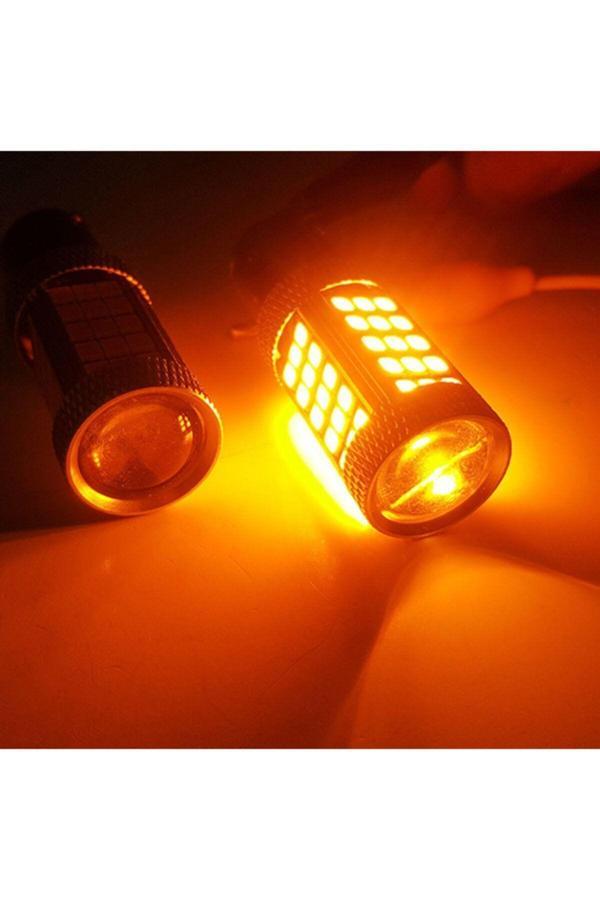 Femex 2 Adet 93 Tek Duy Led Py21W Tip Düz Tırnak Led Ampul Mercekli 66 Ledli Ba15S Turuncu - Image 1