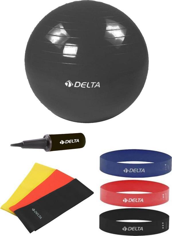Delta 55 cm Pilates Topu 3'lü Pilates Bandı 3'lü Squat Bandı Direnç Lastiği Şişirme Pompası Seti - Image 1