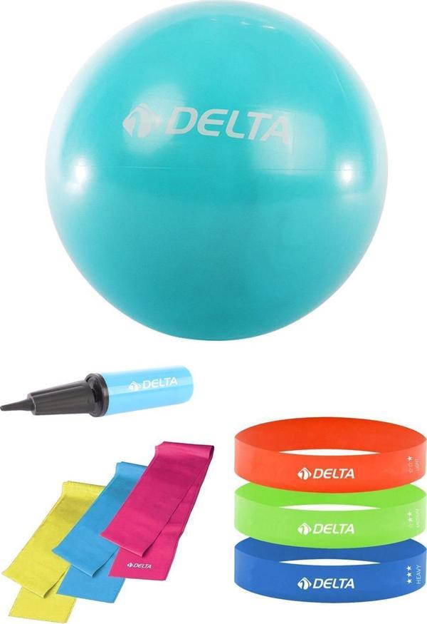 Delta 55 cm Pilates Topu 3'lü Pilates Bandı 3'lü Squat Bandı Direnç Lastiği Şişirme Pompası Seti - Image 1