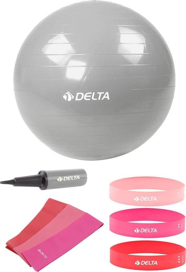 Delta 55 cm Pilates Topu 3'lü Pilates Bandı 3'lü Squat Bandı Direnç Lastiği Şişirme Pompası Seti - Image 1