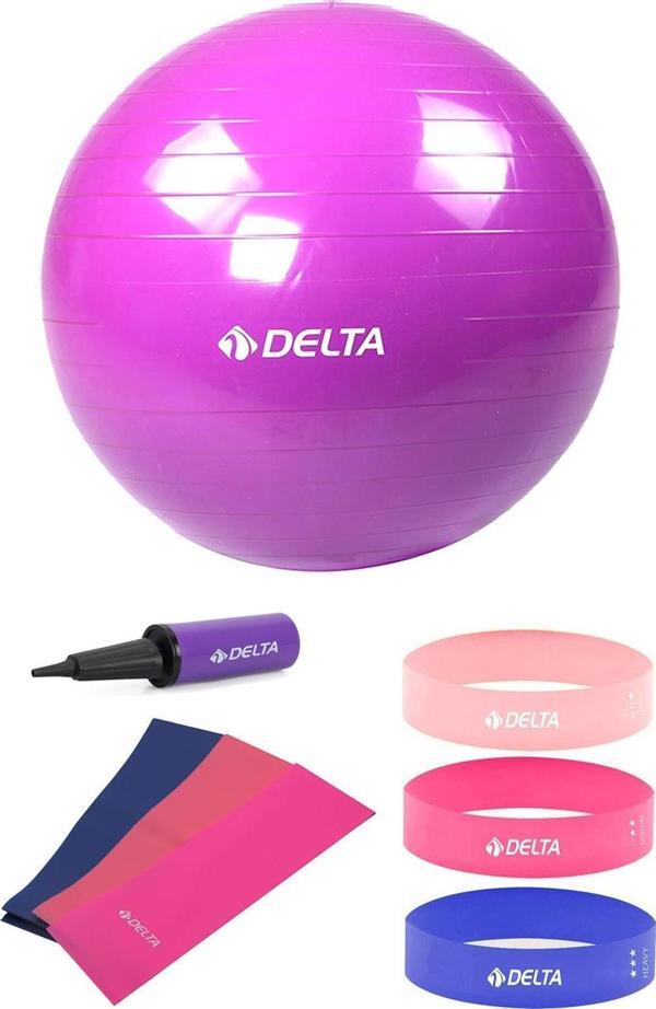 Delta 55 cm Pilates Topu 3'lü Pilates Bandı 3'lü Squat Bandı Direnç Lastiği Şişirme Pompası Seti - Image 1