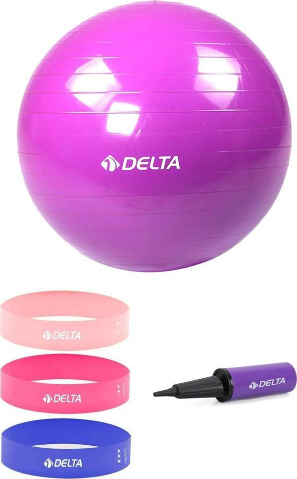 Delta 55 cm Pilates Topu 3'lü Squat Bandı Egzersiz Direnç Lastiği Pilates Topu Pompası 5'li Set - Image 1