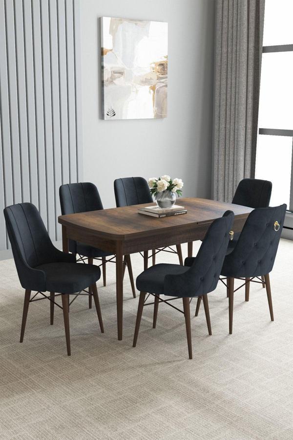 Asaella Mobilya Jusie Barok Desen 80X132 Açılabilir Mutfak Masası Takımı 4 Sandalye, 1 Bench - Image 1
