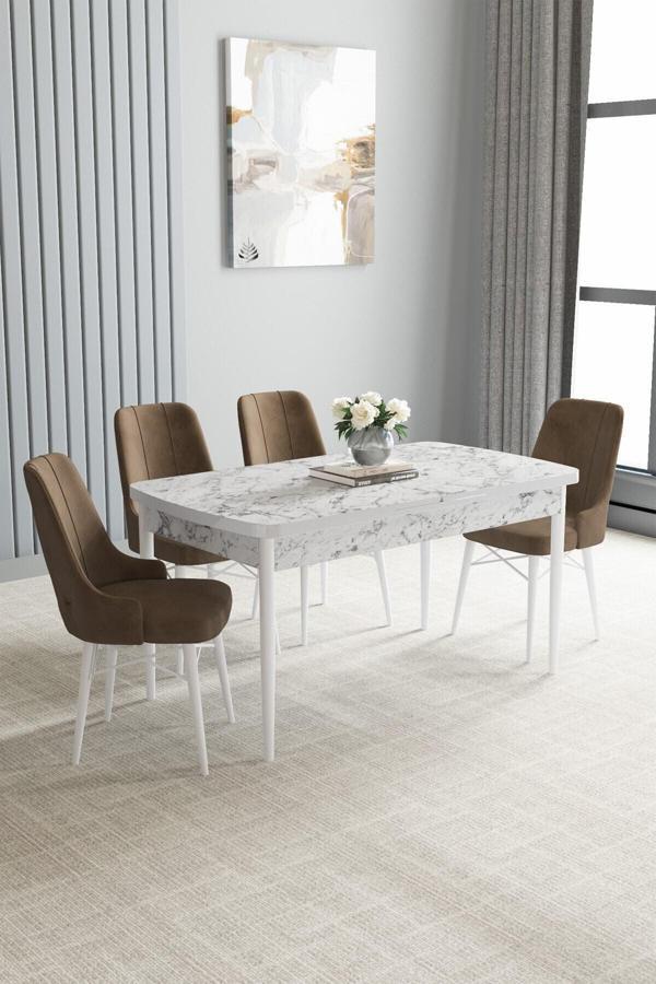 Asaella Mobilya Arvela Beyaz Mermer Desen 80X132 Açılabilir Mutfak Masası Takımı 4 Adet Sandalye - Image 1