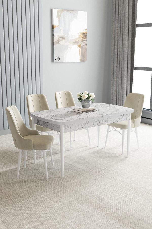 Asaella Mobilya Arvela Beyaz Mermer Desen 80X132 Açılabilir Yemek Odası Takımı 4 Adet Sandalye - Image 1