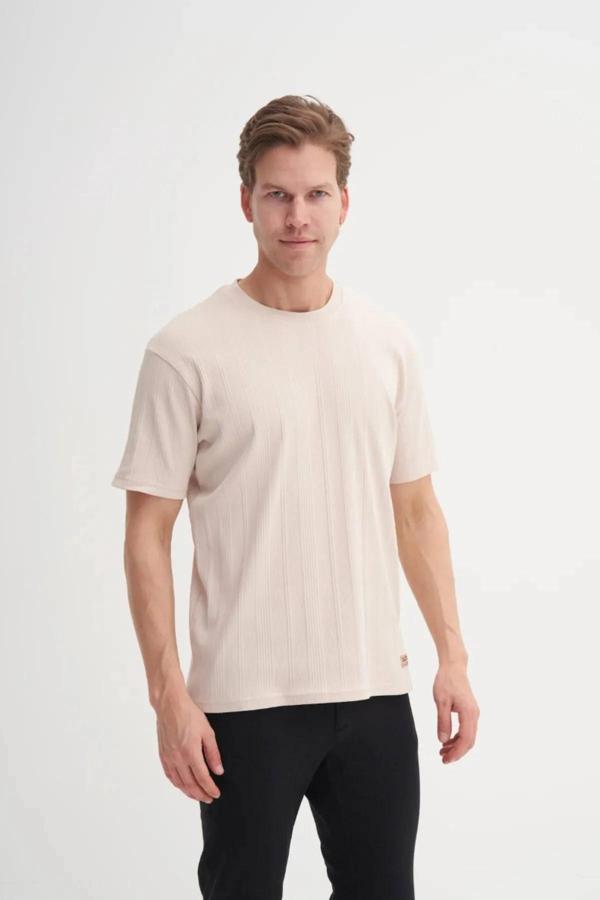 Cazador Bisiklet Yaka Slim Fit Likarlı Düz Tişört 4163 Bej - Image 1