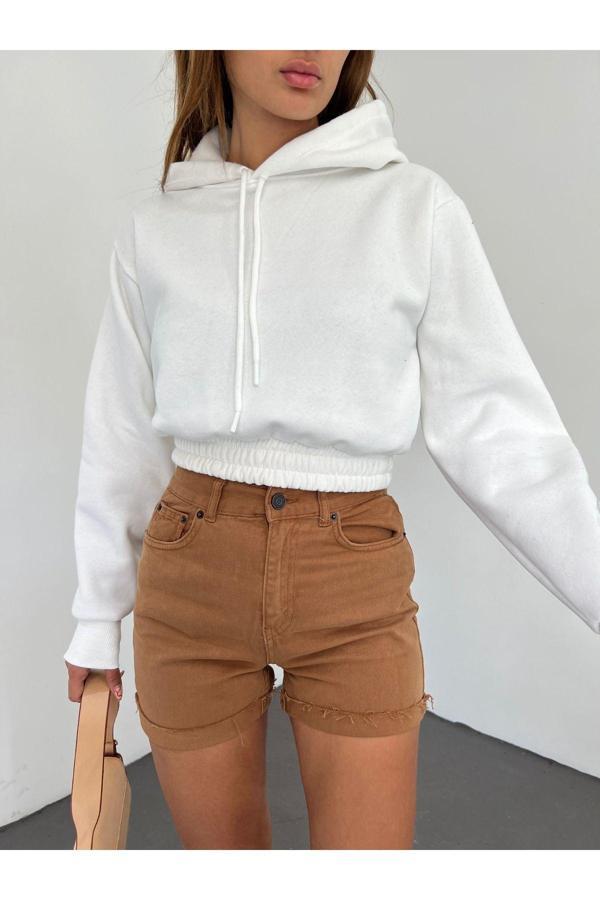 Fav Style Kadın Kapüşonlu Uzun Kol Üç İplik Şardonlu Crop Sweatshirt Beyaz S - Image 1