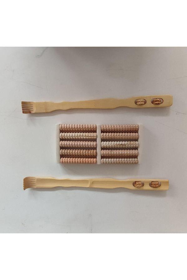 Hagiki ( 3Lü Set) 2 Adet Ahşap Sırt Kaşıyıcı Ve 10 Tekerleklı Ayak Altı Ve Topuk Masaj Aleti - Image 1