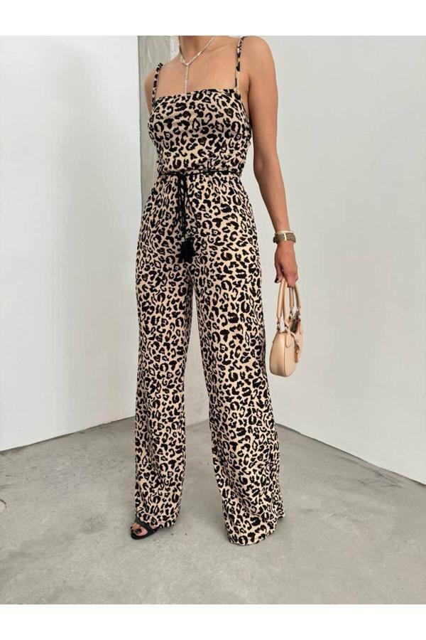 Fav Style Kadın Askılı Kare Yaka Bol Paça Bağlamalı Leopar Desenli Tulum Camel M - Image 1
