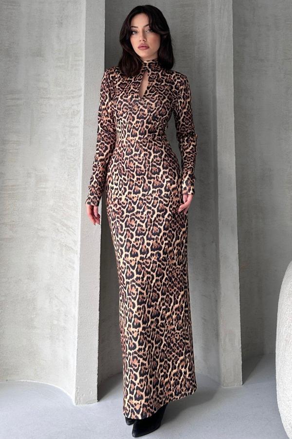 Fav Style Kadın Dik Yaka Cut Out Detaylı Leopar Deseni Uzun Elbise Bej S - Image 1