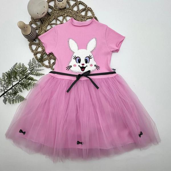 Petli Tavşan Baskılı Kız Çocuk Elbisesi Pembe - Image 1