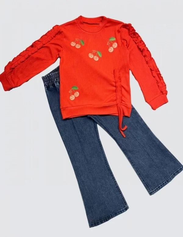 Kot Pantolonlu Kiraz Desenli Penye Sweat Uzun Kollu 2li Kız Çocuk Takımı Kırmızı - Image 1
