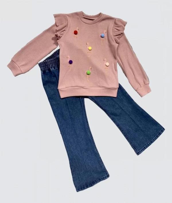 Kot Pantolonlu Flamingo Desenli Penye Sweat Uzun Kollu 2li Kız Çocuk Takımı Gül Kurusu - Image 1