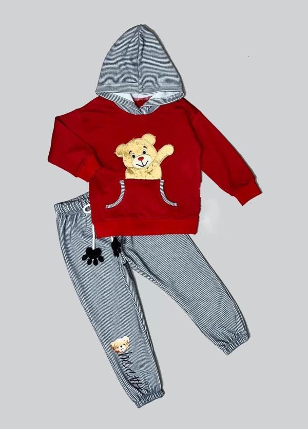 Pelüş Ayı Desenli Kapşonlu Uzun Kollu Penye Sweat 2li Erkek Çocuk Takımı Bordo - Image 1
