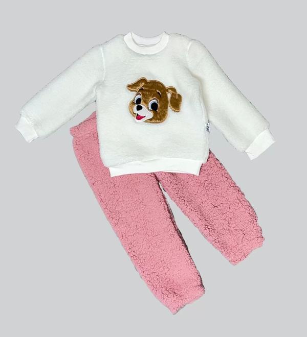 1-2-3 Yaş Mutlu Köpekcik Nakışlı Kuzu Kumaş Sweat Patili Pantolon Uzun Kollu Kız Erkek 2 Li Takımı - Image 1