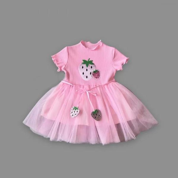 Petli Çilek Baskılı Çilek Kuşaklı Kız Bebek Elbisesi Pembe - Image 1