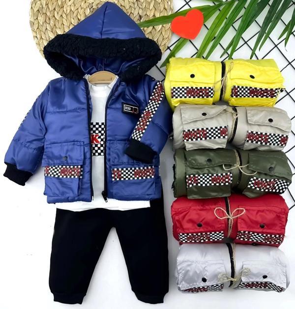 Kapşonlu Fermuarlı Mont Pantolon Uzun Kollu Sweatli 3lü Kız Erkek Bebek Takımı Sarı - Image 1