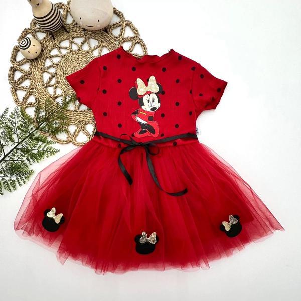 Puantiyeli Mickey Baskılı Kurdela Kuşaklı Astarlı Kız Bebek Tütü Elbisesi Kırmızı - Image 1