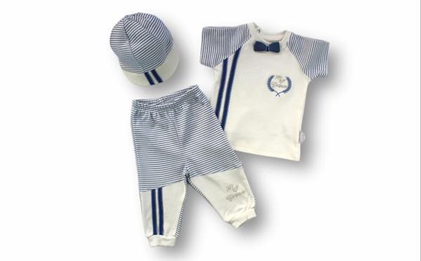 My Prince Nakışlı Şapkalı Kısa Kollu Sweatli 3lü Erkek Bebek Takımı - Image 1