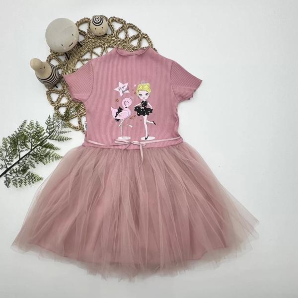 Flamingo Balerin Kız Baskılı Kurdela Kuşaklı Astarlı Kız Çocuk Tütü Elbise Gül Kurusu - Image 1