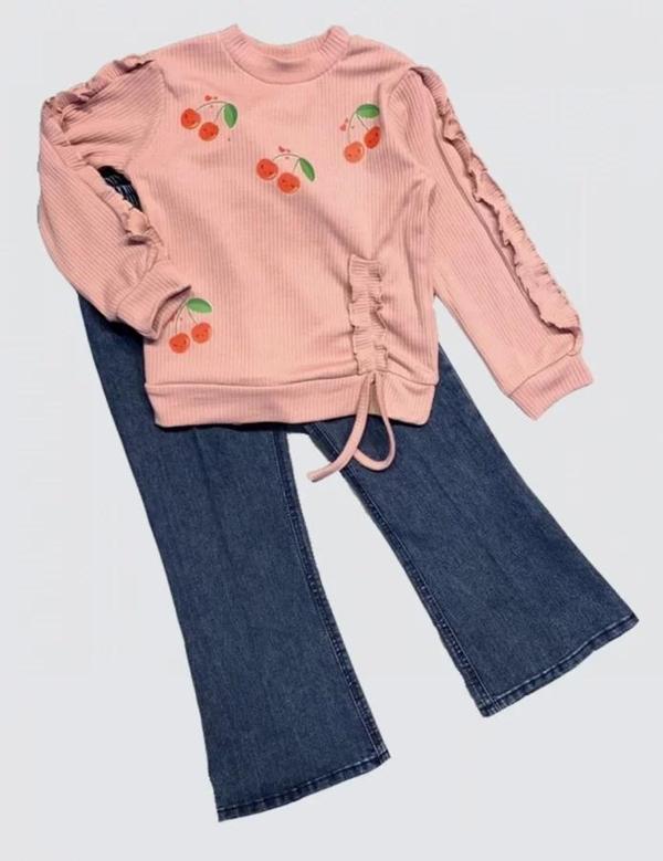Kot Pantolonlu Kiraz Desenli Penye Sweat Uzun Kollu 2li Kız Çocuk Takımı Gül Kurusu - Image 1